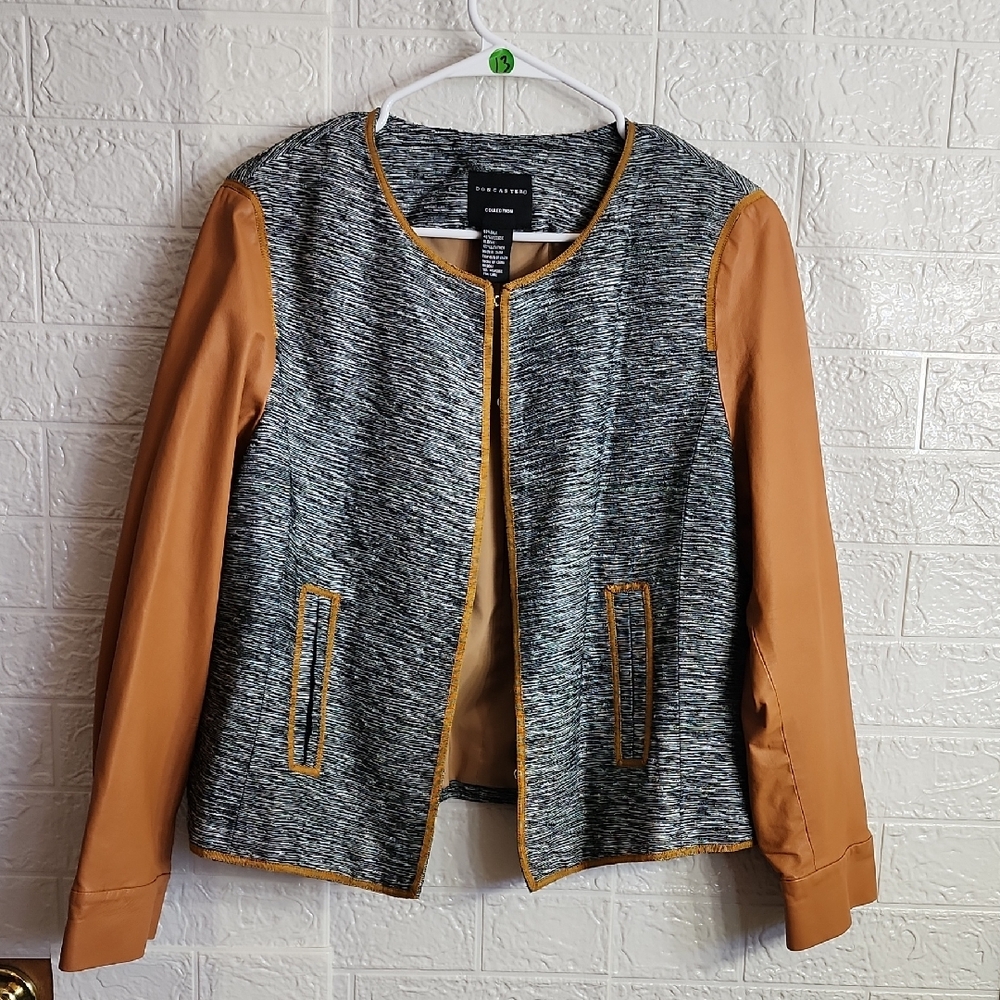 Doncaster Black and Tan Silk Blend With Leather Sleeves Blazer